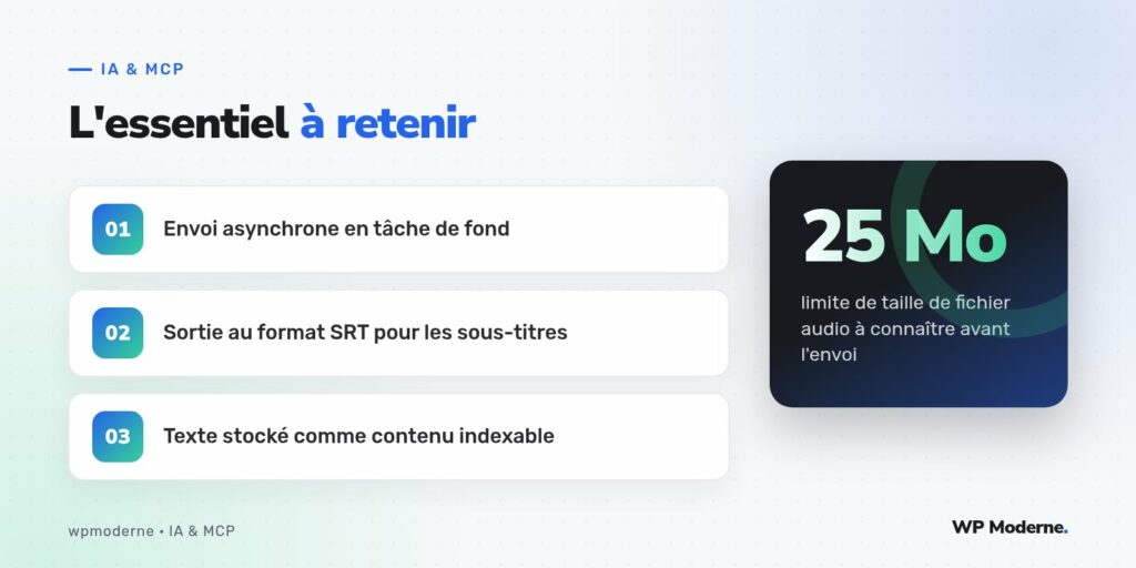 L'essentiel à retenir : Envoi asynchrone en tâche de fond ; Sortie au format SRT pour les sous-titres ; Texte stocké comme contenu indexable