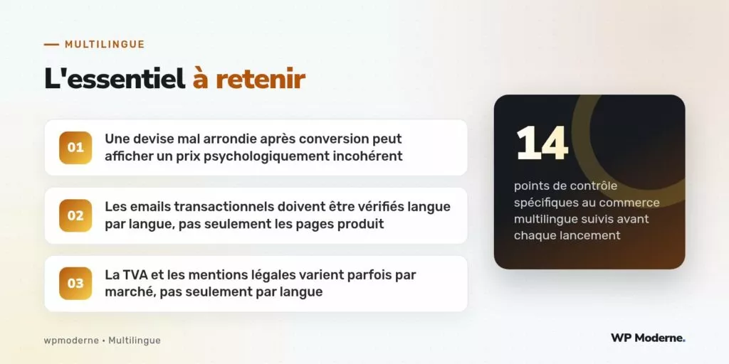L'essentiel à retenir : Une devise mal arrondie après conversion peut afficher un prix psychologiquement incohérent ; Les emails transactionnels doivent être vérifiés langue par langue, pas seulement les pages produit ; La TVA et les mentions légales varient parfois par marché, pas seulement par langue