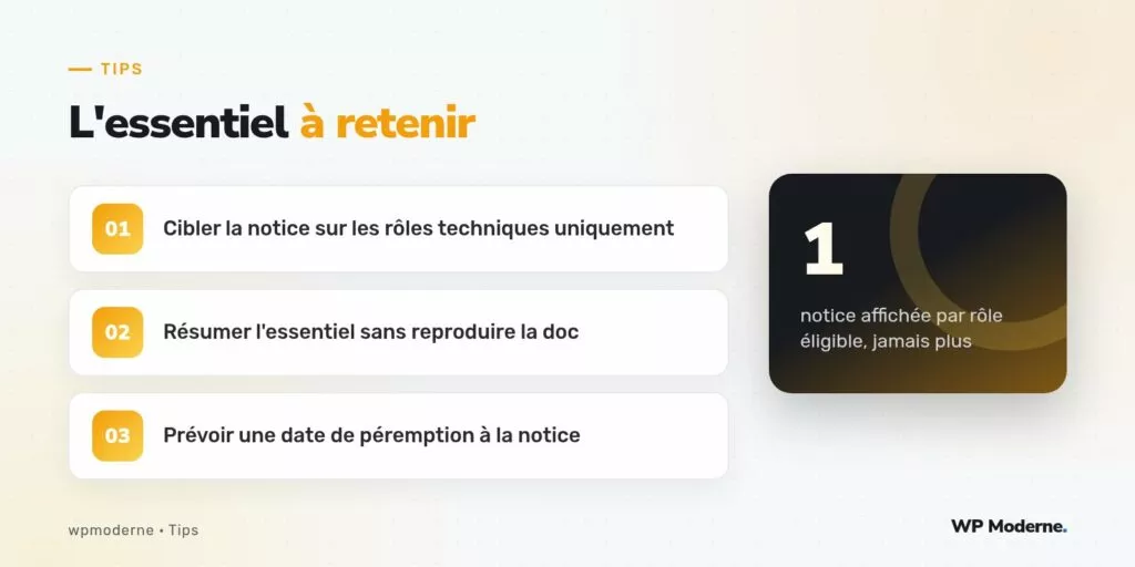 L'essentiel à retenir : Cibler la notice sur les rôles techniques uniquement ; Résumer l'essentiel sans reproduire la doc ; Prévoir une date de péremption à la notice