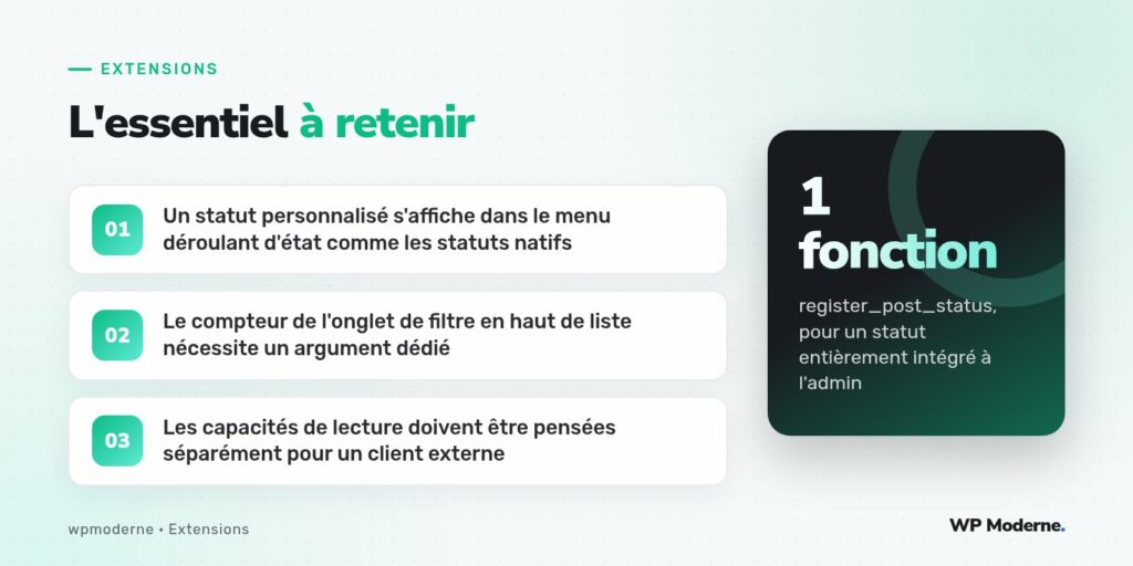 L'essentiel à retenir : Un statut personnalisé s'affiche dans le menu déroulant d'état comme les statuts natifs ; Le compteur de l'onglet de filtre en haut de liste nécessite un argument dédié ; Les capacités de lecture doivent être pensées séparément pour un client externe