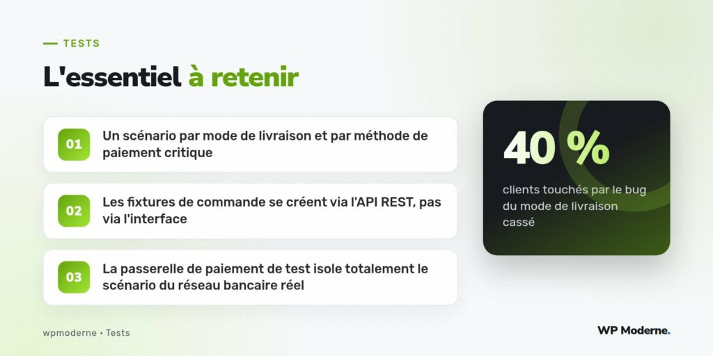 L'essentiel à retenir : Un scénario par mode de livraison et par méthode de paiement critique ; Les fixtures de commande se créent via l'API REST, pas via l'interface ; La passerelle de paiement de test isole totalement le scénario du réseau bancaire réel