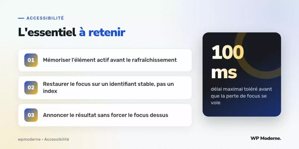 L'essentiel à retenir : Mémoriser l'élément actif avant le rafraîchissement ; Restaurer le focus sur un identifiant stable, pas un index ; Annoncer le résultat sans forcer le focus dessus