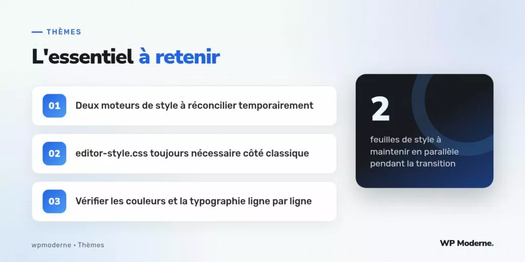 L'essentiel à retenir : Deux moteurs de style à réconcilier temporairement ; editor-style.css toujours nécessaire côté classique ; Vérifier les couleurs et la typographie ligne par ligne
