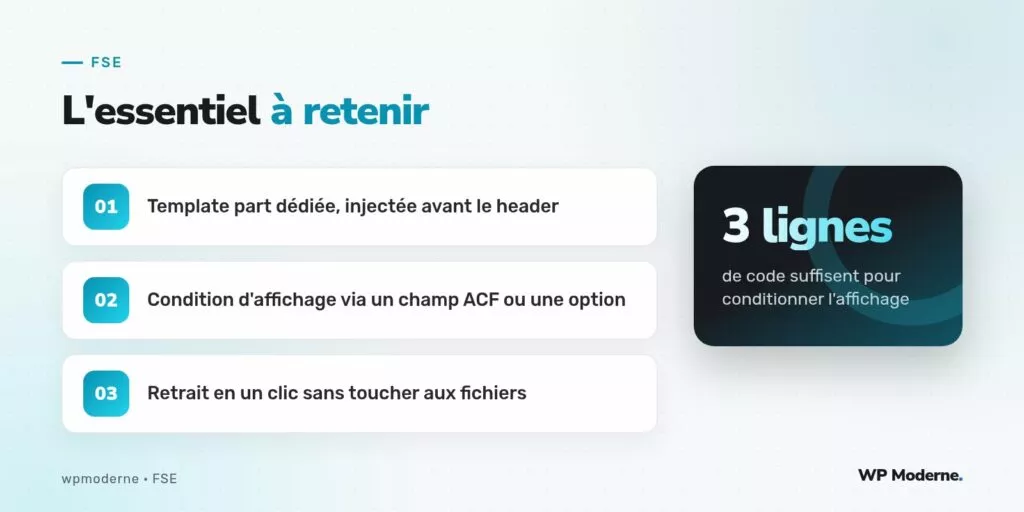 L'essentiel à retenir : Template part dédiée, injectée avant le header ; Condition d'affichage via un champ ACF ou une option ; Retrait en un clic sans toucher aux fichiers