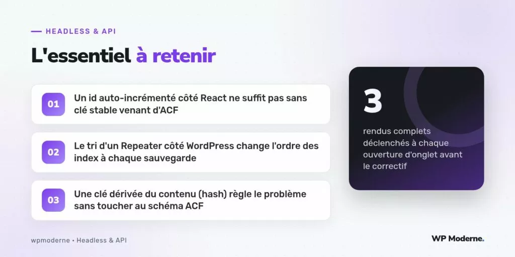 L'essentiel à retenir : Un id auto-incrémenté côté React ne suffit pas sans clé stable venant d'ACF ; Le tri d'un Repeater côté WordPress change l'ordre des index à chaque sauvegarde ; Une clé dérivée du contenu (hash) règle le problème sans toucher au schéma ACF