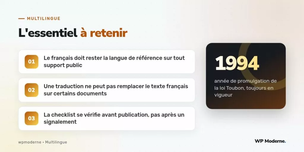 L'essentiel à retenir : Le français doit rester la langue de référence sur tout support public ; Une traduction ne peut pas remplacer le texte français sur certains documents ; La checklist se vérifie avant publication, pas après un signalement