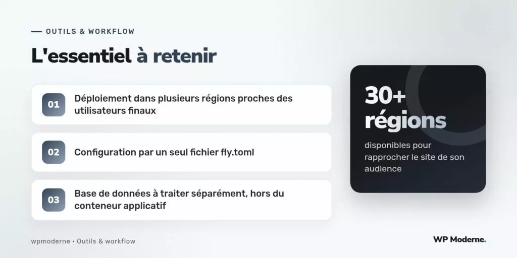 L'essentiel à retenir : Déploiement dans plusieurs régions proches des utilisateurs finaux ; Configuration par un seul fichier fly.toml ; Base de données à traiter séparément, hors du conteneur applicatif