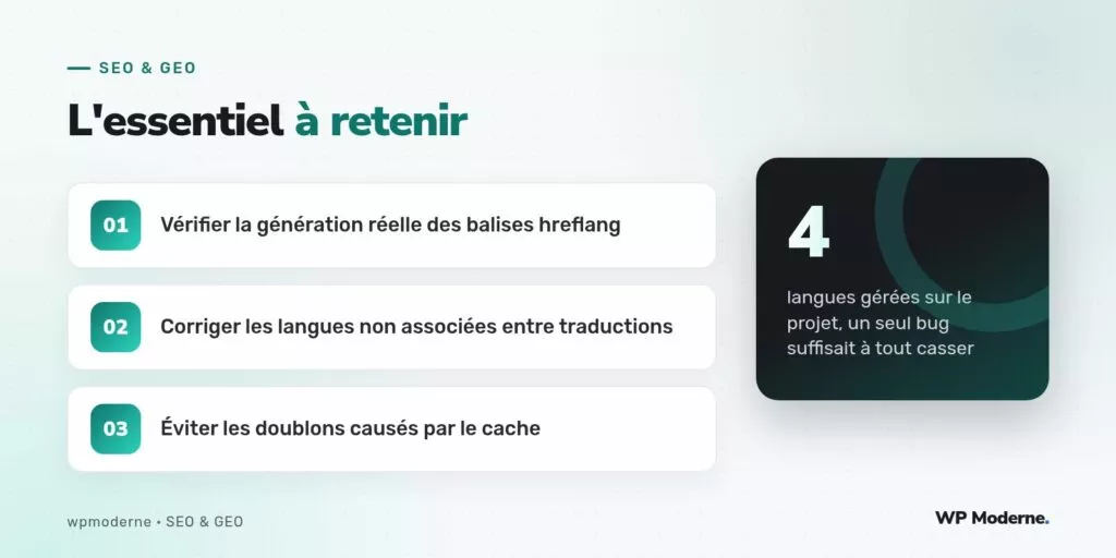 L'essentiel à retenir : Vérifier la génération réelle des balises hreflang ; Corriger les langues non associées entre traductions ; Éviter les doublons causés par le cache
