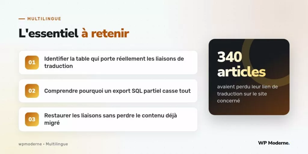 L'essentiel à retenir : Identifier la table qui porte réellement les liaisons de traduction ; Comprendre pourquoi un export SQL partiel casse tout ; Restaurer les liaisons sans perdre le contenu déjà migré