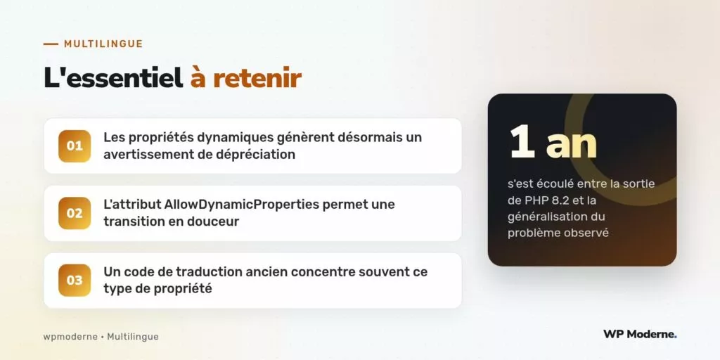 L'essentiel à retenir : Les propriétés dynamiques génèrent désormais un avertissement de dépréciation ; L'attribut AllowDynamicProperties permet une transition en douceur ; Un code de traduction ancien concentre souvent ce type de propriété
