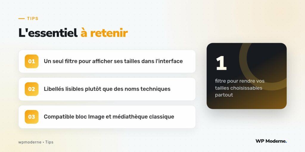 L'essentiel à retenir : Un seul filtre pour afficher ses tailles dans l'interface ; Libellés lisibles plutôt que des noms techniques ; Compatible bloc Image et médiathèque classique