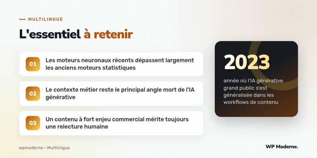 L'essentiel à retenir : Les moteurs neuronaux récents dépassent largement les anciens moteurs statistiques ; Le contexte métier reste le principal angle mort de l'IA générative ; Un contenu à fort enjeu commercial mérite toujours une relecture humaine