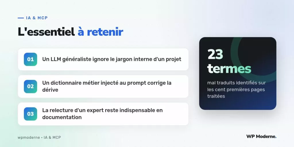 L'essentiel à retenir : Un LLM généraliste ignore le jargon interne d'un projet ; Un dictionnaire métier injecté au prompt corrige la dérive ; La relecture d'un expert reste indispensable en documentation