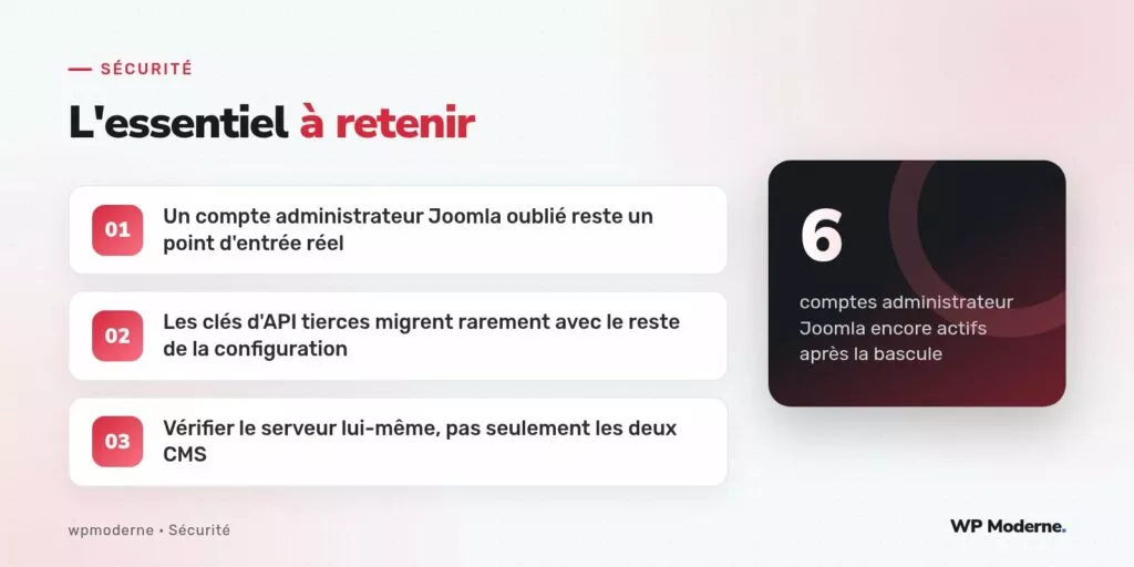 L'essentiel à retenir : Un compte administrateur Joomla oublié reste un point d'entrée réel ; Les clés d'API tierces migrent rarement avec le reste de la configuration ; Vérifier le serveur lui-même, pas seulement les deux CMS