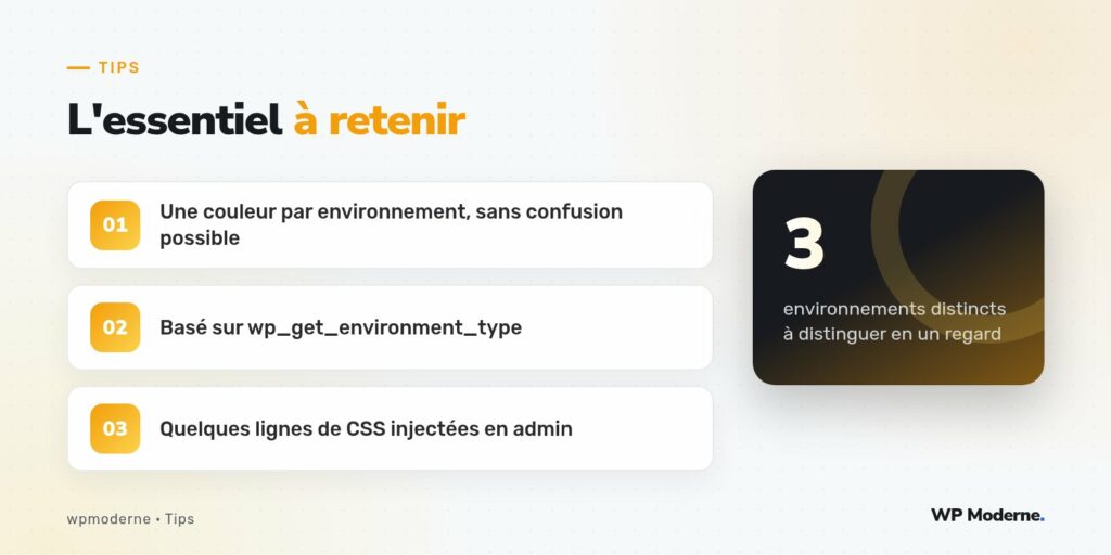 L'essentiel à retenir : Une couleur par environnement, sans confusion possible ; Basé sur wp_get_environment_type ; Quelques lignes de CSS injectées en admin