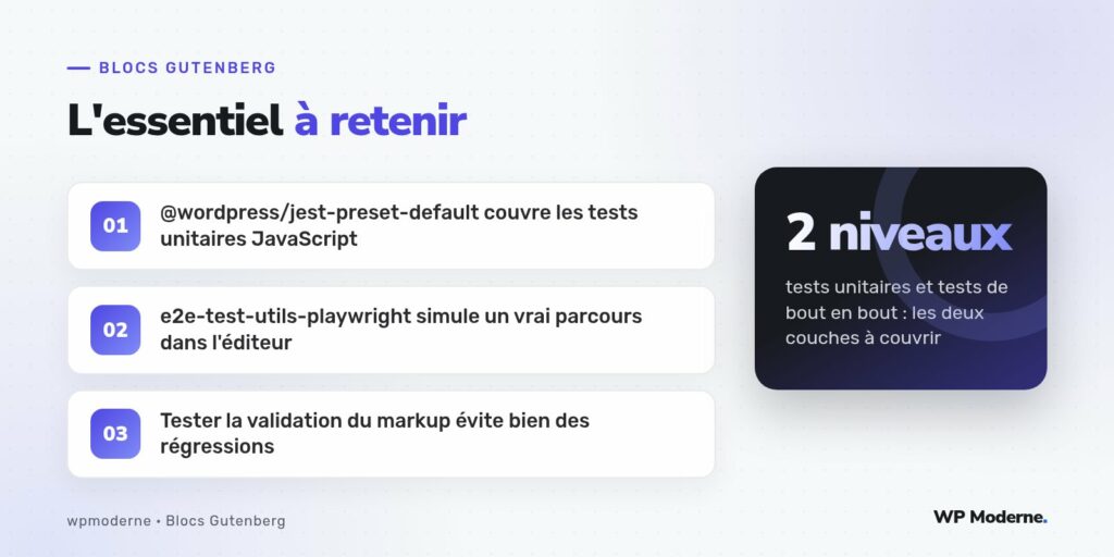 L'essentiel à retenir : @wordpress/jest-preset-default couvre les tests unitaires JavaScript ; e2e-test-utils-playwright simule un vrai parcours dans l'éditeur ; Tester la validation du markup évite bien des régressions