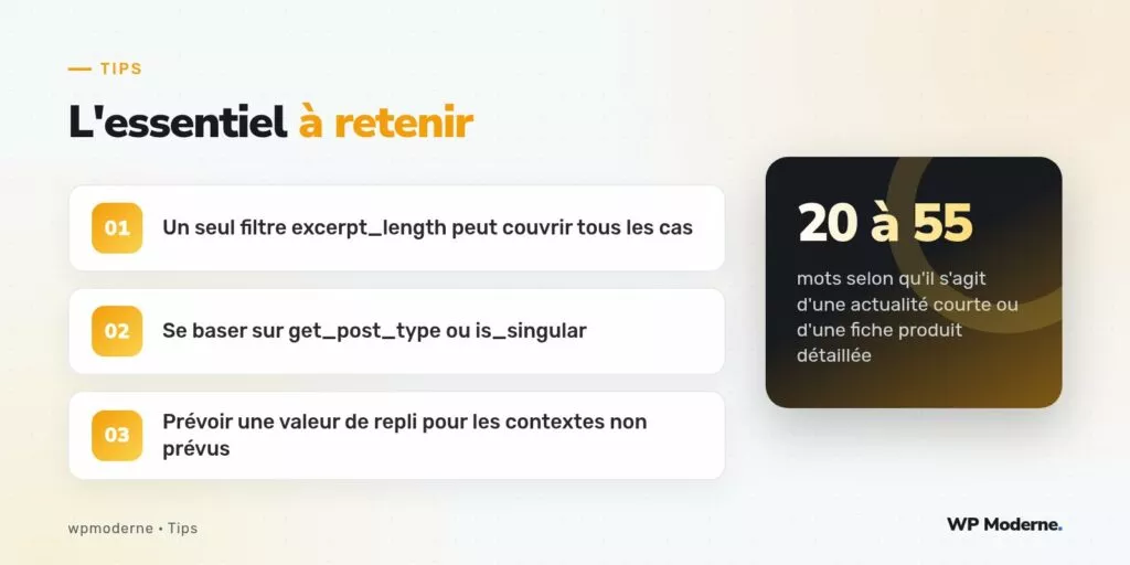 L'essentiel à retenir : Un seul filtre excerpt_length peut couvrir tous les cas ; Se baser sur get_post_type ou is_singular ; Prévoir une valeur de repli pour les contextes non prévus