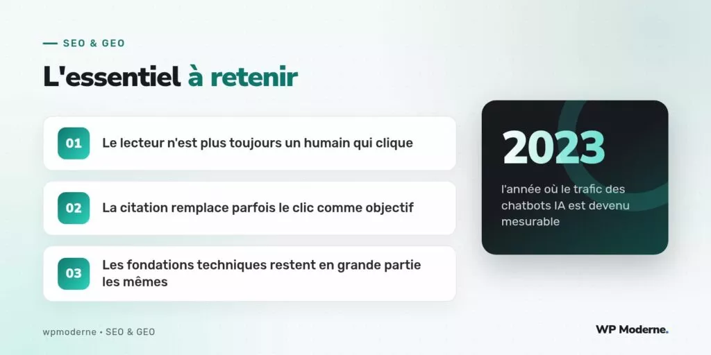 L'essentiel à retenir : Le lecteur n'est plus toujours un humain qui clique ; La citation remplace parfois le clic comme objectif ; Les fondations techniques restent en grande partie les mêmes