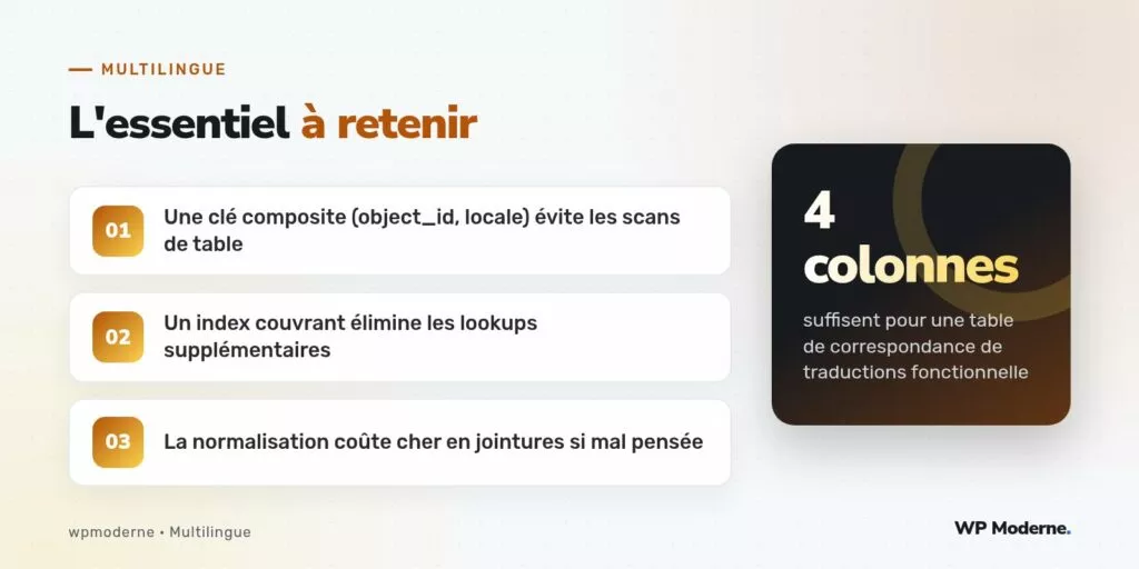 L'essentiel à retenir : Une clé composite (object_id, locale) évite les scans de table ; Un index couvrant élimine les lookups supplémentaires ; La normalisation coûte cher en jointures si mal pensée