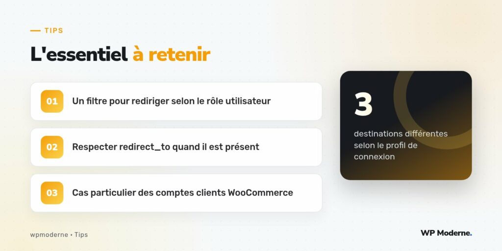 L'essentiel à retenir : Un filtre pour rediriger selon le rôle utilisateur ; Respecter redirect_to quand il est présent ; Cas particulier des comptes clients WooCommerce