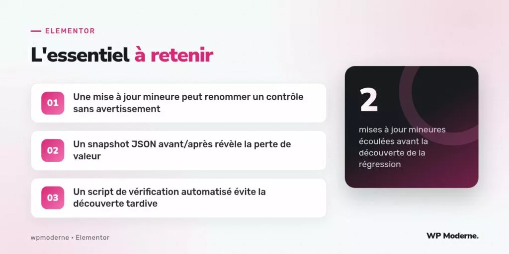 L'essentiel à retenir : Une mise à jour mineure peut renommer un contrôle sans avertissement ; Un snapshot JSON avant/après révèle la perte de valeur ; Un script de vérification automatisé évite la découverte tardive