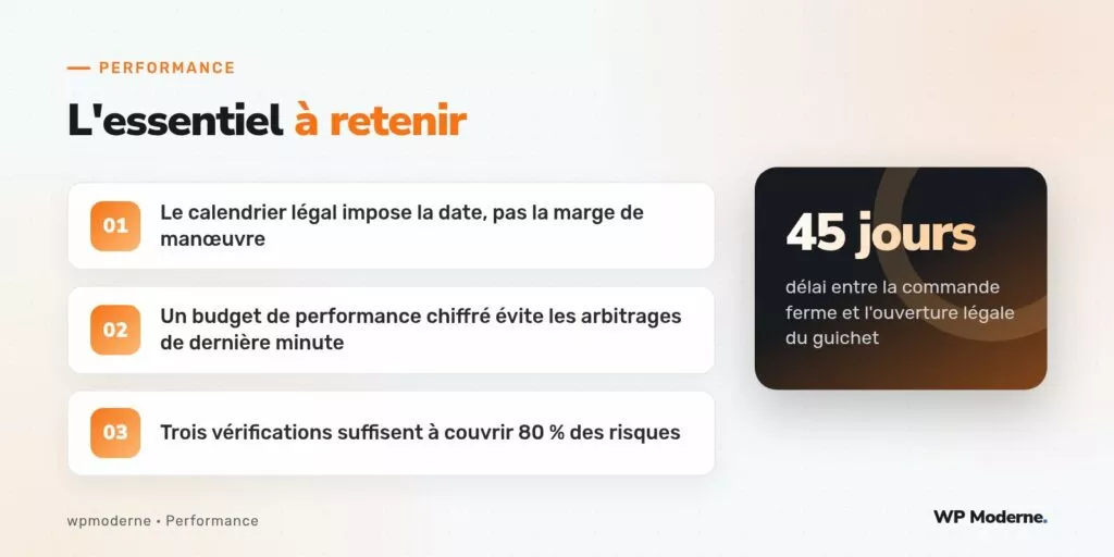 L'essentiel à retenir : Le calendrier légal impose la date, pas la marge de manœuvre ; Un budget de performance chiffré évite les arbitrages de dernière minute ; Trois vérifications suffisent à couvrir 80 % des risques