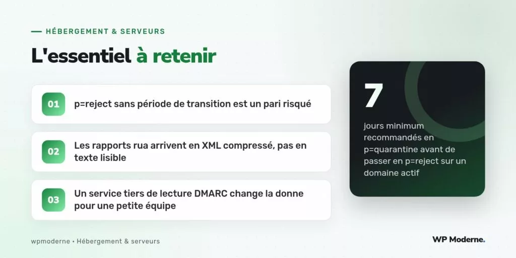 L'essentiel à retenir : p=reject sans période de transition est un pari risqué ; Les rapports rua arrivent en XML compressé, pas en texte lisible ; Un service tiers de lecture DMARC change la donne pour une petite équipe
