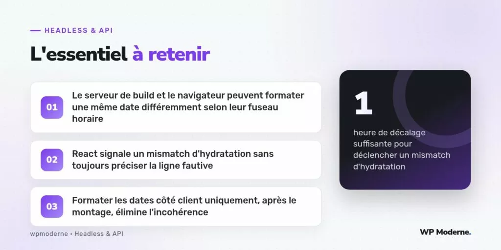 L'essentiel à retenir : Le serveur de build et le navigateur peuvent formater une même date différemment selon leur fuseau horaire ; React signale un mismatch d'hydratation sans toujours préciser la ligne fautive ; Formater les dates côté client uniquement, après le montage, élimine l'incohérence