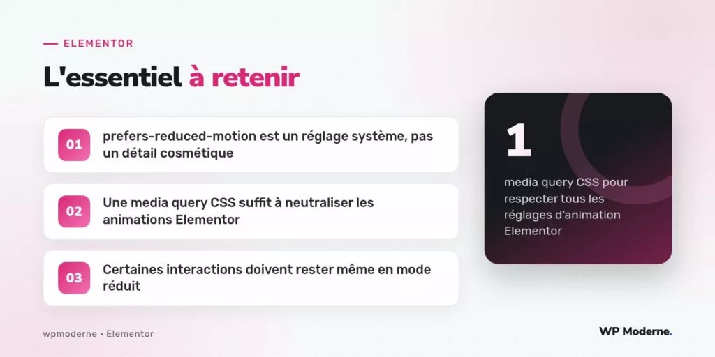 L'essentiel à retenir : prefers-reduced-motion est un réglage système, pas un détail cosmétique ; Une media query CSS suffit à neutraliser les animations Elementor ; Certaines interactions doivent rester même en mode réduit