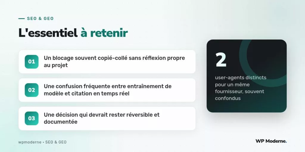 L'essentiel à retenir : Un blocage souvent copié-collé sans réflexion propre au projet ; Une confusion fréquente entre entraînement de modèle et citation en temps réel ; Une décision qui devrait rester réversible et documentée