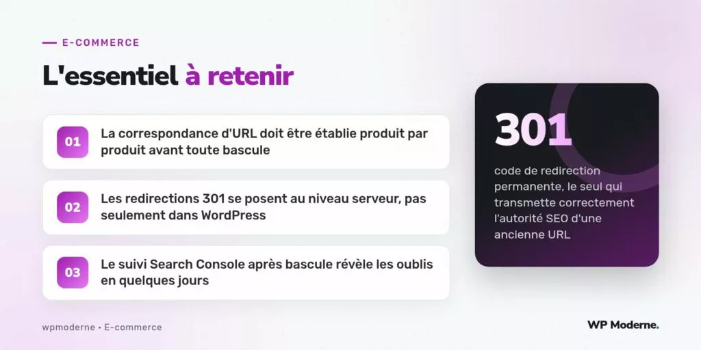 L'essentiel à retenir : La correspondance d'URL doit être établie produit par produit avant toute bascule ; Les redirections 301 se posent au niveau serveur, pas seulement dans WordPress ; Le suivi Search Console après bascule révèle les oublis en quelques jours