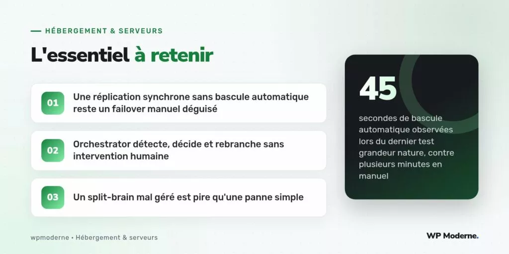 L'essentiel à retenir : Une réplication synchrone sans bascule automatique reste un failover manuel déguisé ; Orchestrator détecte, décide et rebranche sans intervention humaine ; Un split-brain mal géré est pire qu'une panne simple