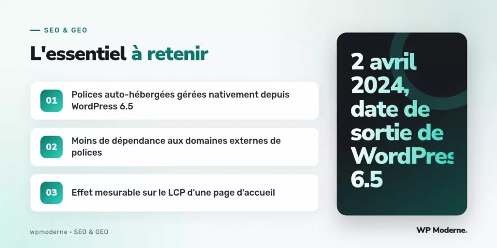 L'essentiel à retenir : Polices auto-hébergées gérées nativement depuis WordPress 6.5 ; Moins de dépendance aux domaines externes de polices ; Effet mesurable sur le LCP d'une page d'accueil