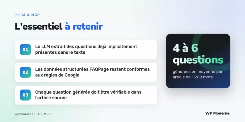 L'essentiel à retenir : Le LLM extrait des questions déjà implicitement présentes dans le texte ; Les données structurées FAQPage restent conformes aux règles de Google ; Chaque question générée doit être vérifiable dans l'article source