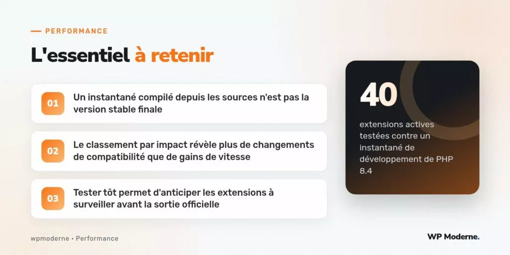 L'essentiel à retenir : Un instantané compilé depuis les sources n'est pas la version stable finale ; Le classement par impact révèle plus de changements de compatibilité que de gains de vitesse ; Tester tôt permet d'anticiper les extensions à surveiller avant la sortie officielle