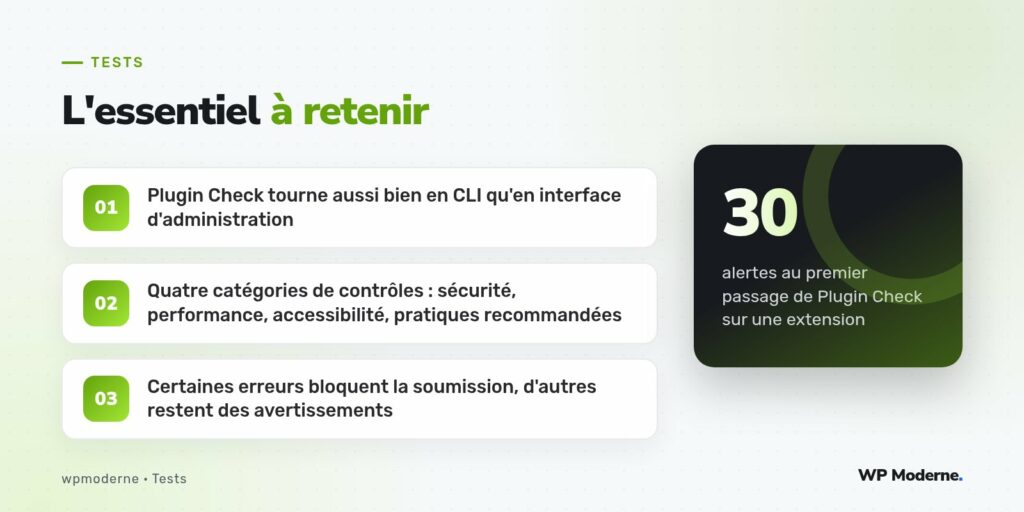 L'essentiel à retenir : Plugin Check tourne aussi bien en CLI qu'en interface d'administration ; Quatre catégories de contrôles : sécurité, performance, accessibilité, pratiques recommandées ; Certaines erreurs bloquent la soumission, d'autres restent des avertissements
