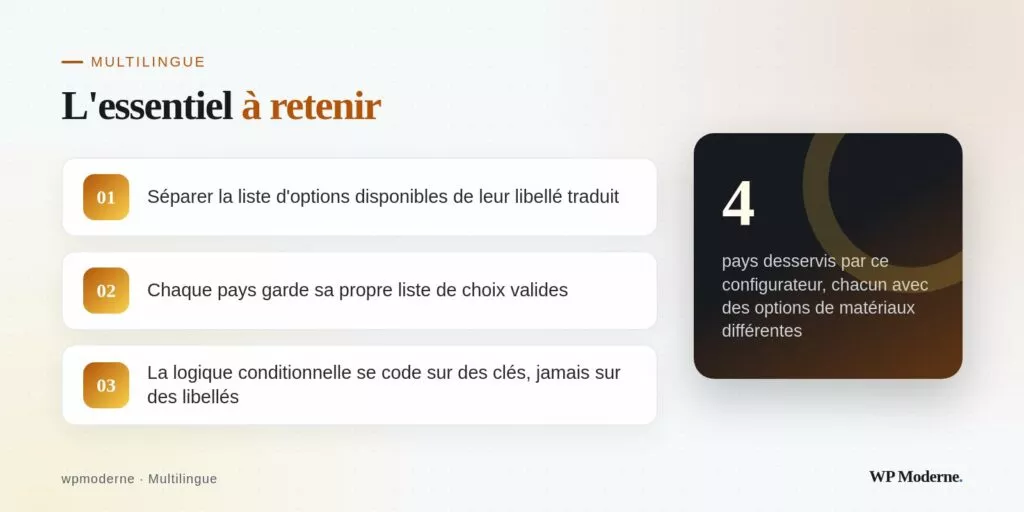 L'essentiel à retenir : Séparer la liste d'options disponibles de leur libellé traduit ; Chaque pays garde sa propre liste de choix valides ; La logique conditionnelle se code sur des clés, jamais sur des libellés