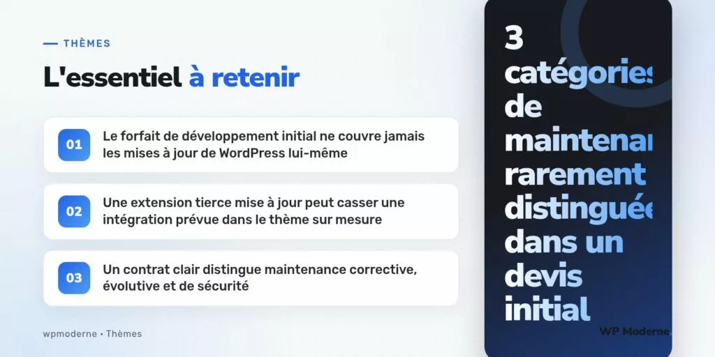 L'essentiel à retenir : Le forfait de développement initial ne couvre jamais les mises à jour de WordPress lui-même ; Une extension tierce mise à jour peut casser une intégration prévue dans le thème sur mesure ; Un contrat clair distingue maintenance corrective, évolutive et de sécurité