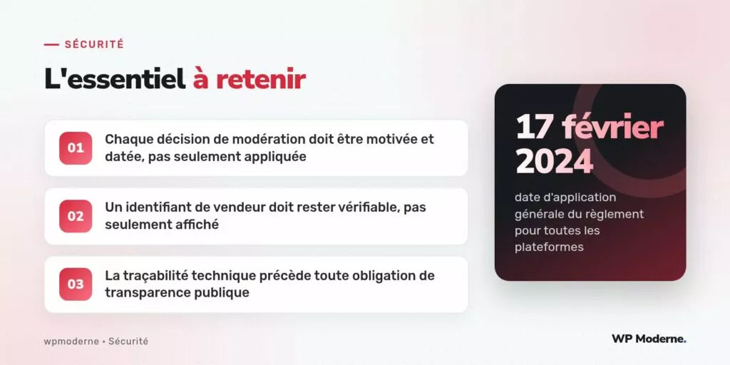 L'essentiel à retenir : Chaque décision de modération doit être motivée et datée, pas seulement appliquée ; Un identifiant de vendeur doit rester vérifiable, pas seulement affiché ; La traçabilité technique précède toute obligation de transparence publique
