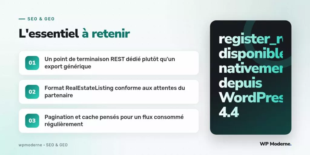 L'essentiel à retenir : Un point de terminaison REST dédié plutôt qu'un export générique ; Format RealEstateListing conforme aux attentes du partenaire ; Pagination et cache pensés pour un flux consommé régulièrement