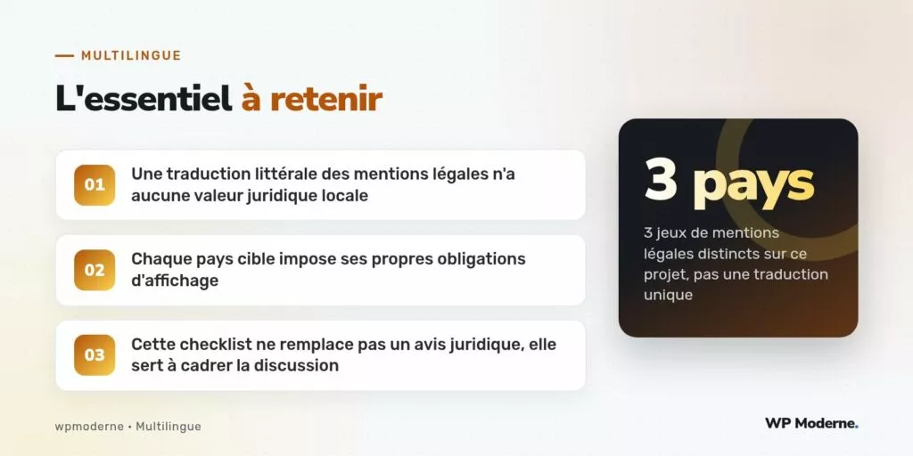 L'essentiel à retenir : Une traduction littérale des mentions légales n'a aucune valeur juridique locale ; Chaque pays cible impose ses propres obligations d'affichage ; Cette checklist ne remplace pas un avis juridique, elle sert à cadrer la discussion