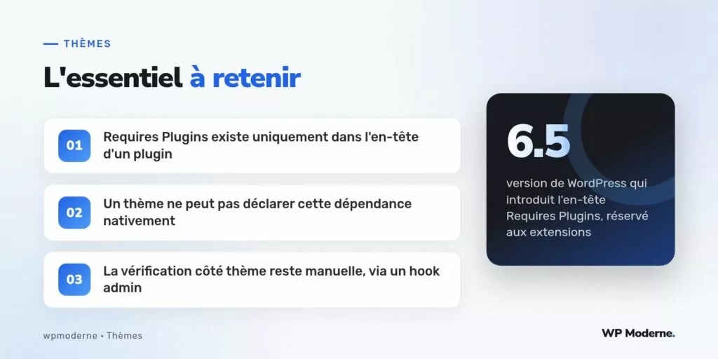 L'essentiel à retenir : Requires Plugins existe uniquement dans l'en-tête d'un plugin ; Un thème ne peut pas déclarer cette dépendance nativement ; La vérification côté thème reste manuelle, via un hook admin