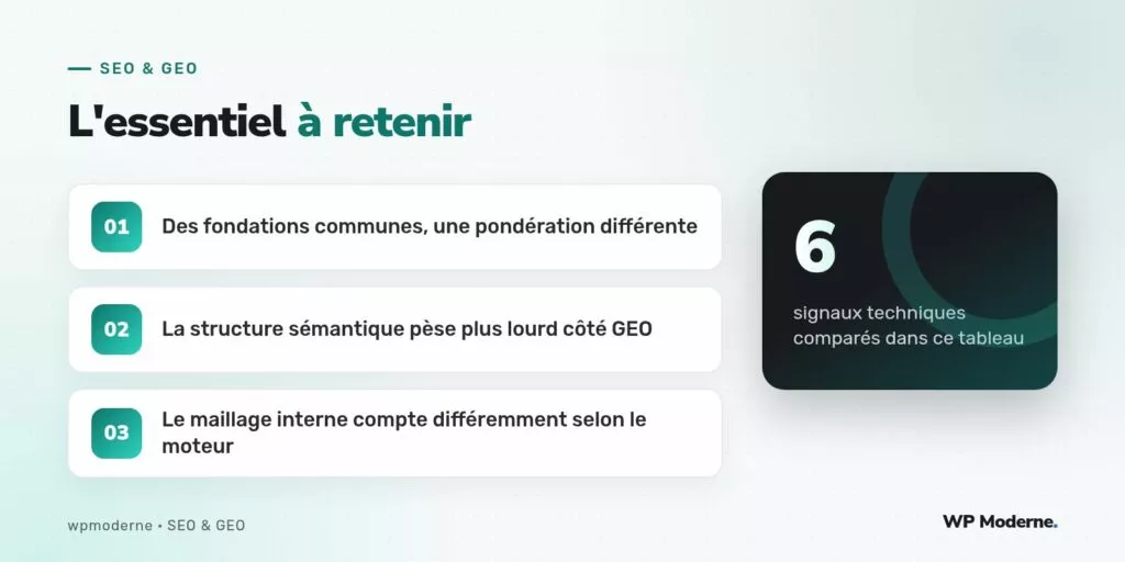 L'essentiel à retenir : Des fondations communes, une pondération différente ; La structure sémantique pèse plus lourd côté GEO ; Le maillage interne compte différemment selon le moteur