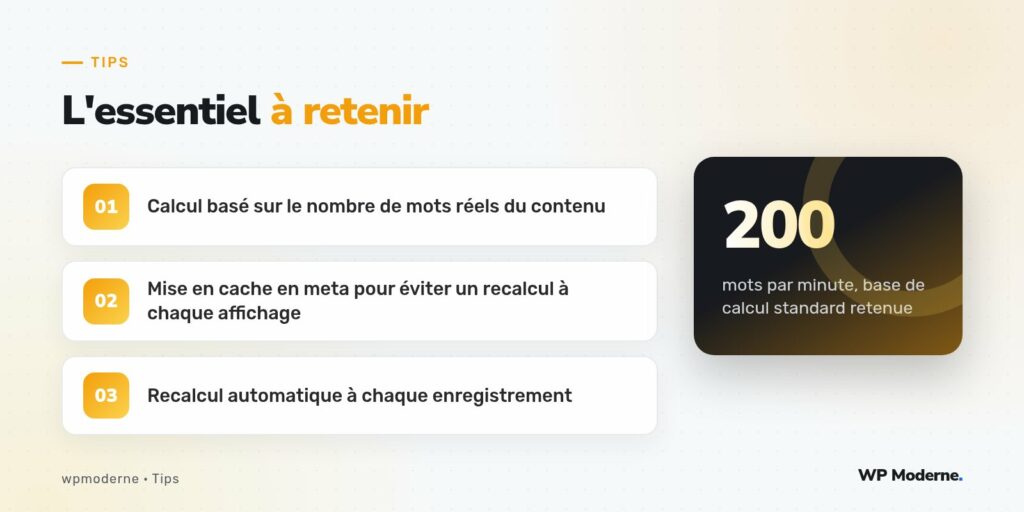 L'essentiel à retenir : Calcul basé sur le nombre de mots réels du contenu ; Mise en cache en meta pour éviter un recalcul à chaque affichage ; Recalcul automatique à chaque enregistrement