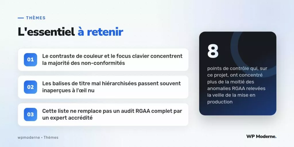 L'essentiel à retenir : Le contraste de couleur et le focus clavier concentrent la majorité des non-conformités ; Les balises de titre mal hiérarchisées passent souvent inaperçues à l'œil nu ; Cette liste ne remplace pas un audit RGAA complet par un expert accrédité