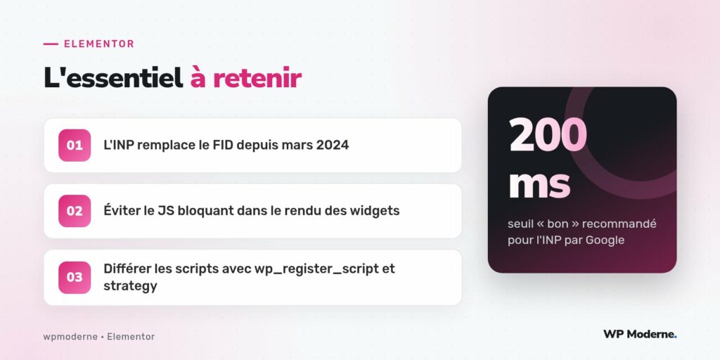 L'essentiel à retenir : L'INP remplace le FID depuis mars 2024 ; Éviter le JS bloquant dans le rendu des widgets ; Différer les scripts avec wp_register_script et strategy