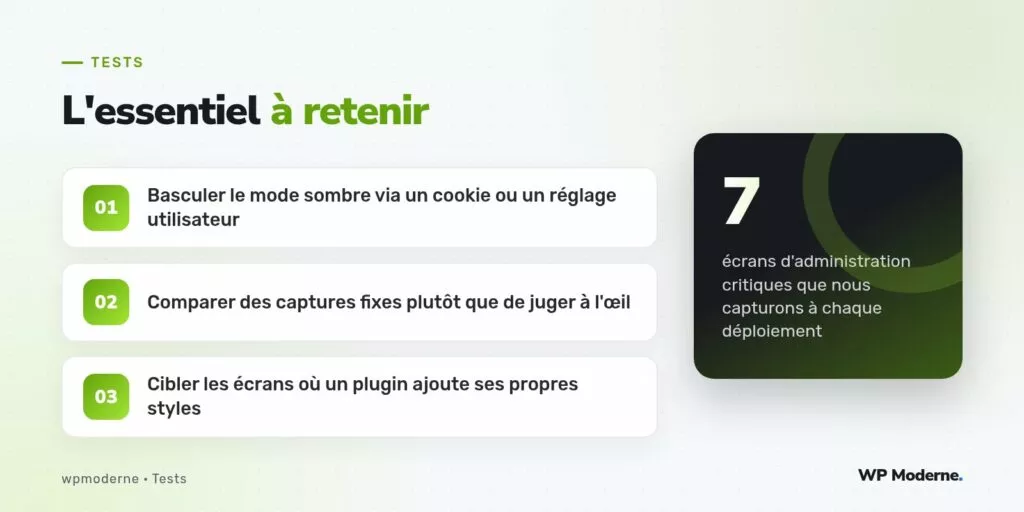 L'essentiel à retenir : Basculer le mode sombre via un cookie ou un réglage utilisateur ; Comparer des captures fixes plutôt que de juger à l'œil ; Cibler les écrans où un plugin ajoute ses propres styles