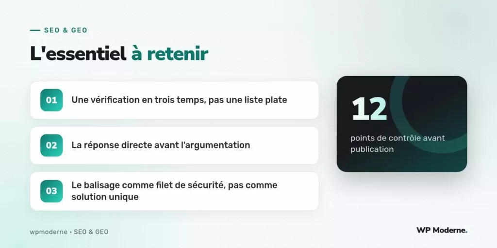 L'essentiel à retenir : Une vérification en trois temps, pas une liste plate ; La réponse directe avant l'argumentation ; Le balisage comme filet de sécurité, pas comme solution unique