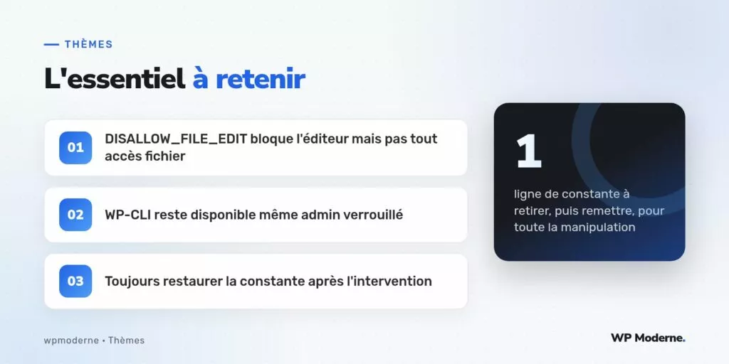 L'essentiel à retenir : DISALLOW_FILE_EDIT bloque l'éditeur mais pas tout accès fichier ; WP-CLI reste disponible même admin verrouillé ; Toujours restaurer la constante après l'intervention
