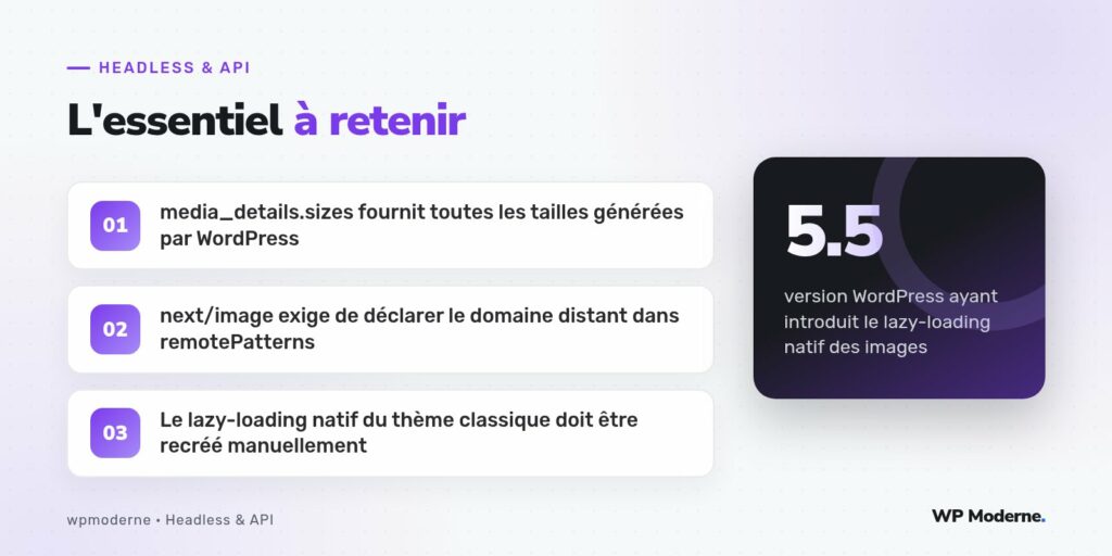 L'essentiel à retenir : media_details.sizes fournit toutes les tailles générées par WordPress ; next/image exige de déclarer le domaine distant dans remotePatterns ; Le lazy-loading natif du thème classique doit être recréé manuellement